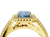 Yellow gold Fancy Blue Radiant Cut Halo Diamond Ring with Beaded Split Shank and Four-Prong Setting_4