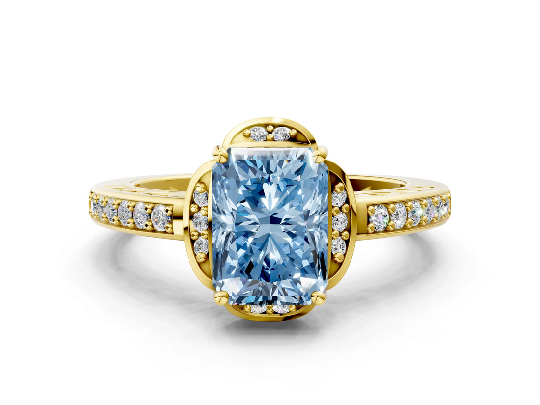 Yellow gold Fancy Blue Radiant  Cut Halo Diamond Ring with Channel Set Band and Four-Prong Setting_32