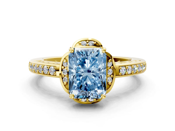 Yellow gold Fancy Blue Radiant  Cut Halo Diamond Ring with Channel Set Band and Four-Prong Setting