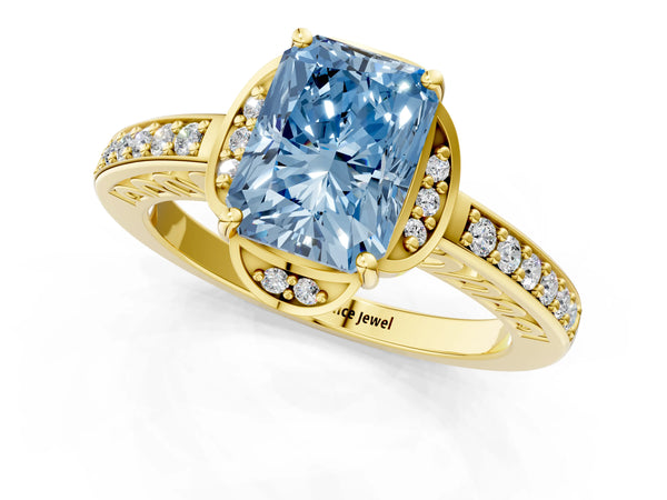 Yellow gold Fancy Blue Radiant  Cut Halo Diamond Ring with Channel Set Band and Four-Prong Setting