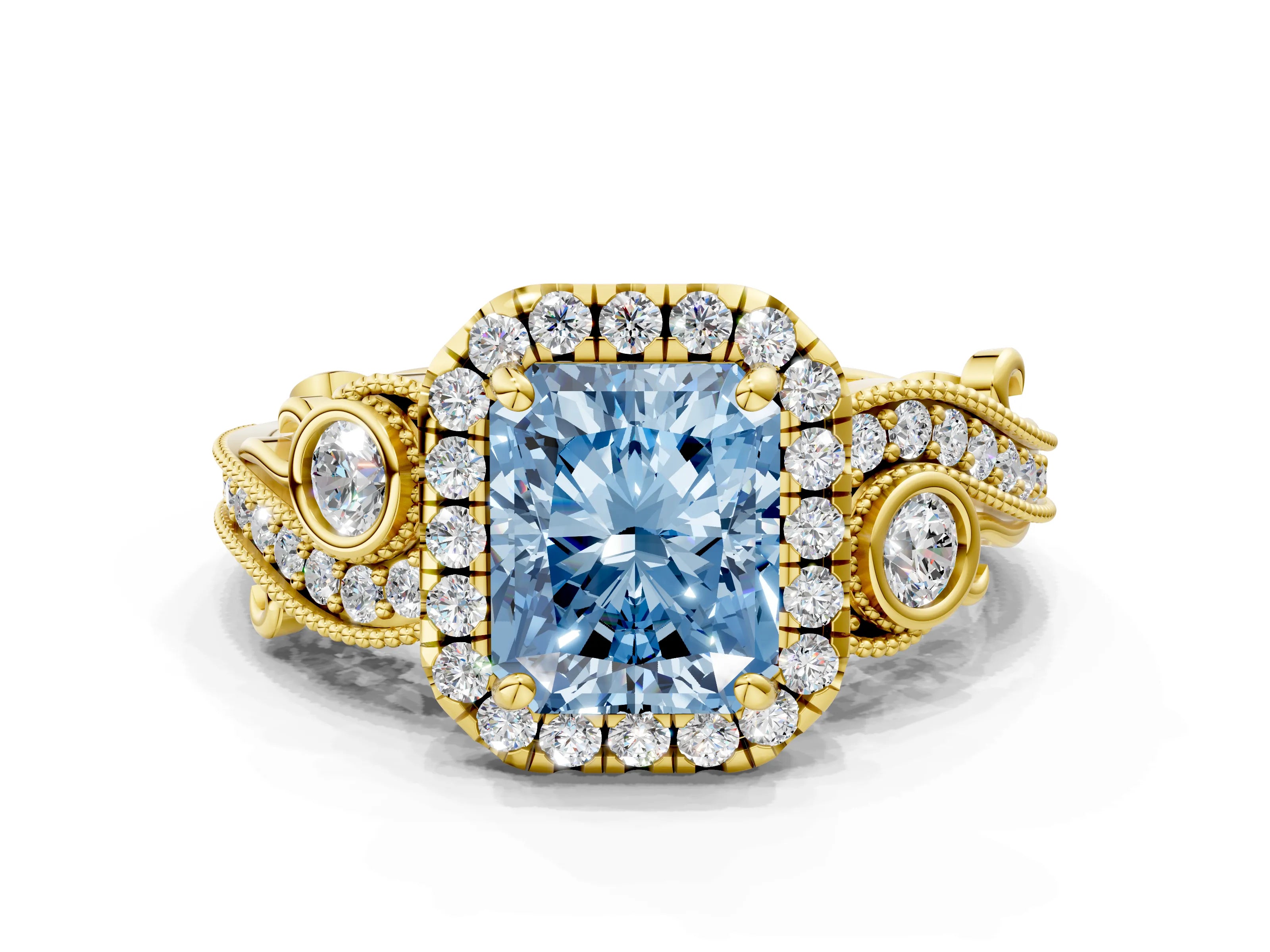 Yellow gold Fancy Blue Radiant Cut Halo Diamond Ring with Milgrain and Bezel Accents on a Split Shank Band