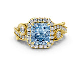 Yellow gold Fancy Blue Radiant Cut Halo Diamond Ring with Milgrain and Bezel Accents on a Split Shank Band_12