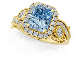 Yellow gold Fancy Blue Radiant Cut Halo Diamond Ring with Milgrain and Bezel Accents on a Split Shank Band_13