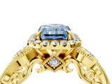 Yellow gold Fancy Blue Radiant Cut Halo Diamond Ring with Milgrain and Bezel Accents on a Split Shank Band_16