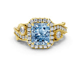 Yellow gold Fancy Blue Radiant Cut Halo Diamond Ring with Milgrain and Bezel Accents on a Split Shank Band_24