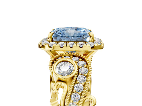 Yellow gold Fancy Blue Radiant Cut Halo Diamond Ring with Milgrain and Bezel Accents on a Split Shank Band_5