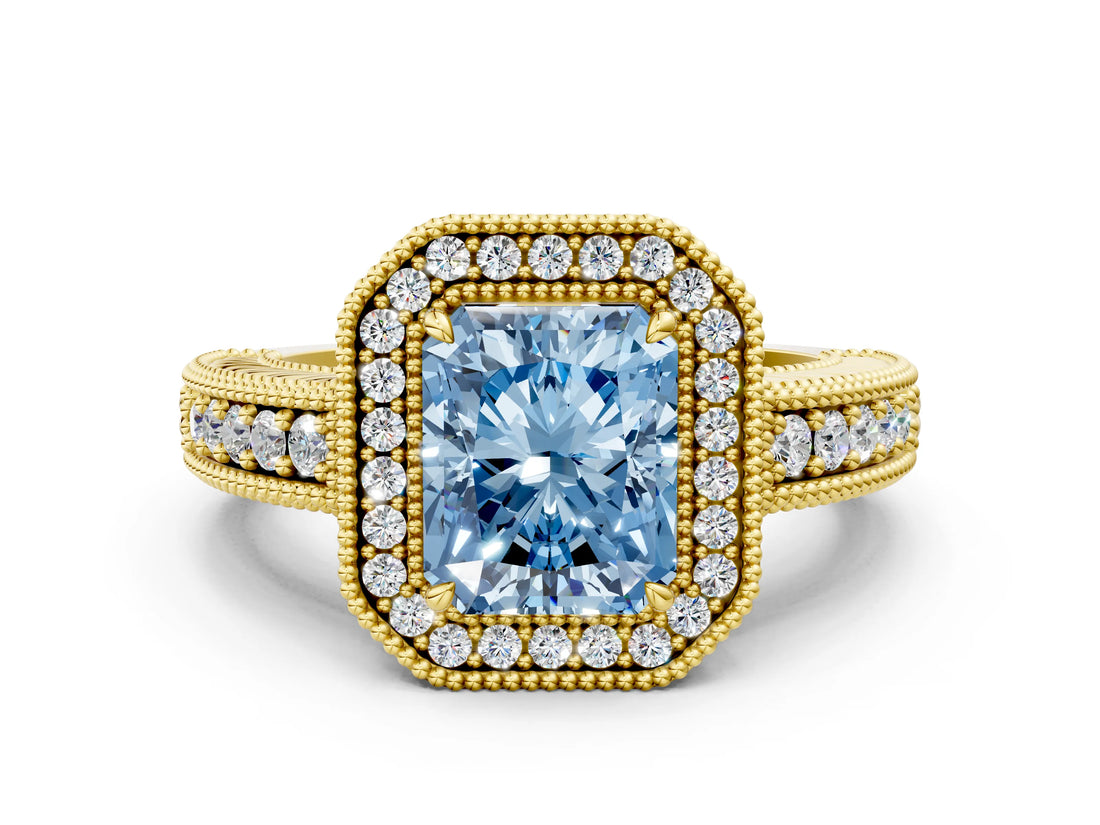 Yellow gold Fancy Blue Radiant  Cut Halo Diamond Ring with Pavé Band and Four-Prong Setting_75