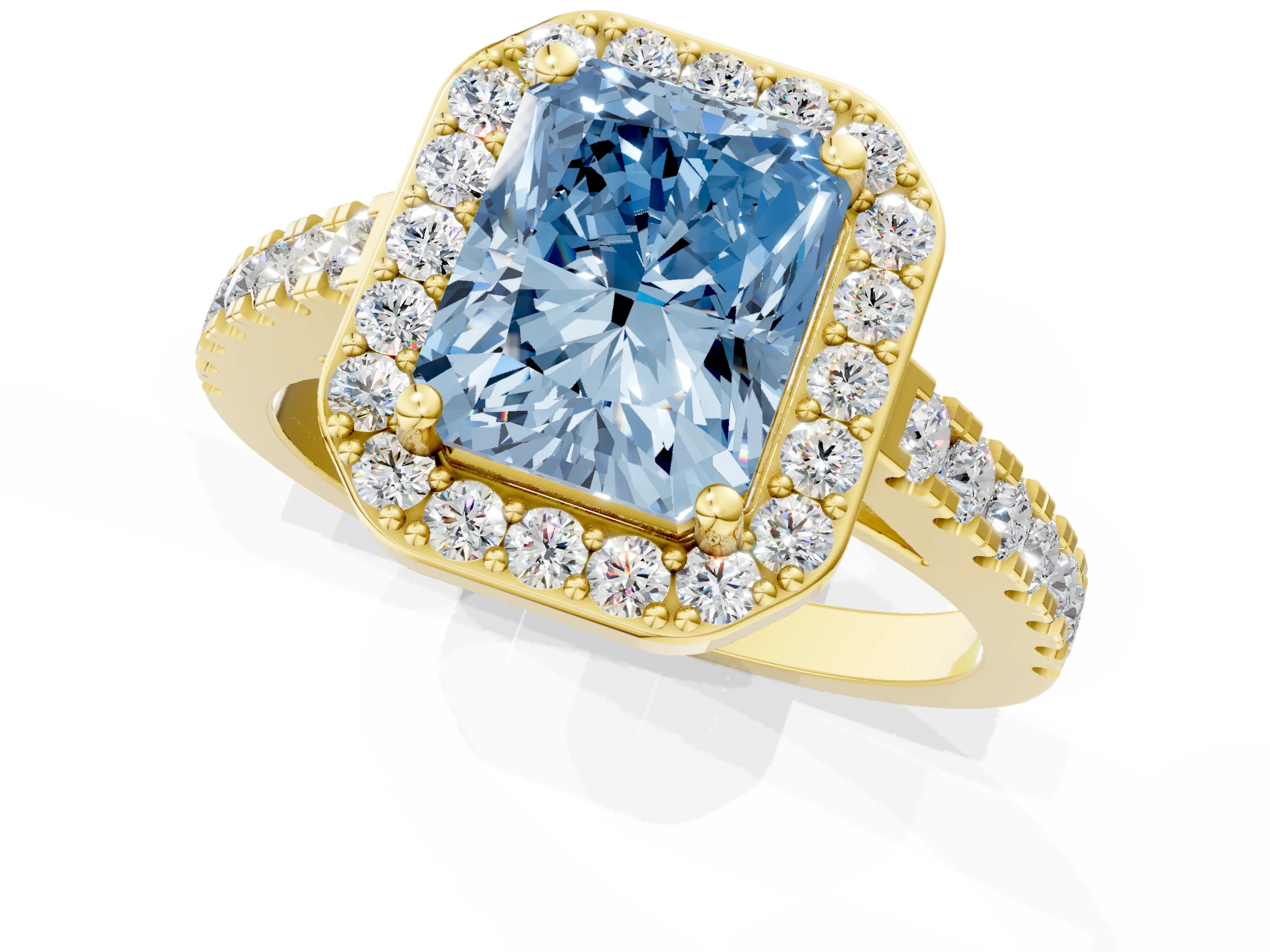 Yellow gold Fancy Blue Radiant Cut Halo Diamond Ring with Pavé Band and Three-Prong Setting_1