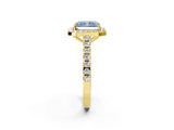 Yellow gold Fancy Blue Radiant Cut Halo Diamond Ring with Pavé Band and Three-Prong Setting_2