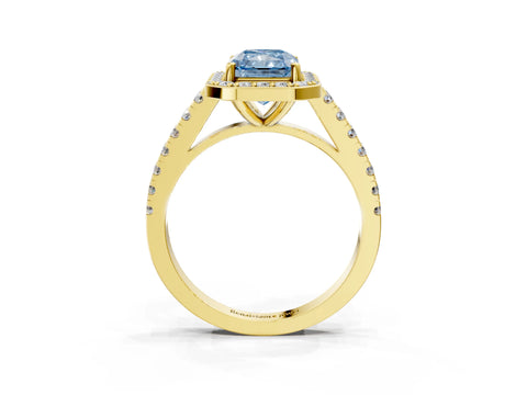 Yellow gold Fancy Blue Radiant Cut Halo Diamond Ring with Pavé Band and Three-Prong Setting_3