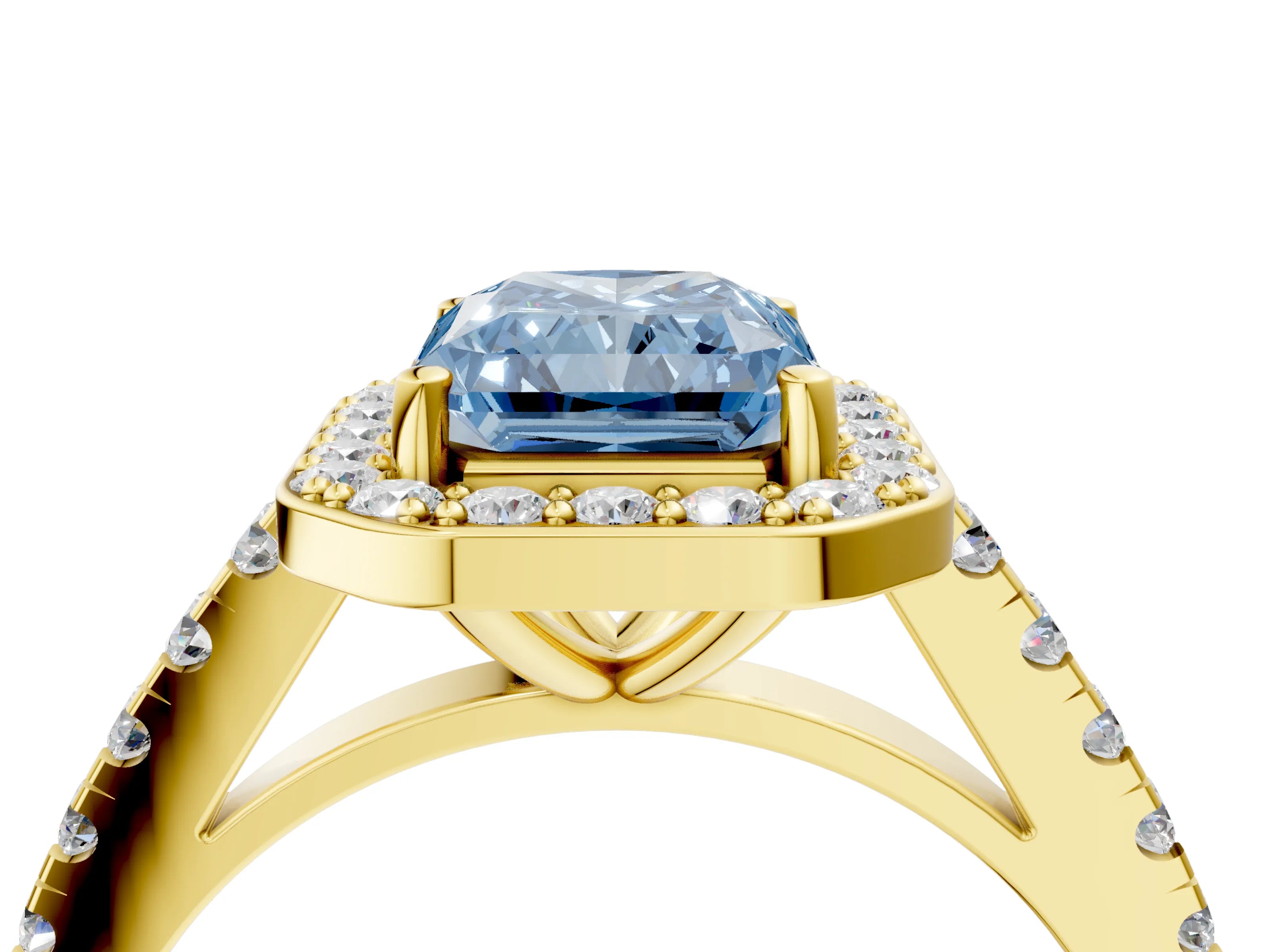 Yellow gold Fancy Blue Radiant Cut Halo Diamond Ring with Pavé Band and Three-Prong Setting_4