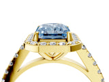 Yellow gold Fancy Blue Radiant Cut Halo Diamond Ring with Pavé Band and Three-Prong Setting_4