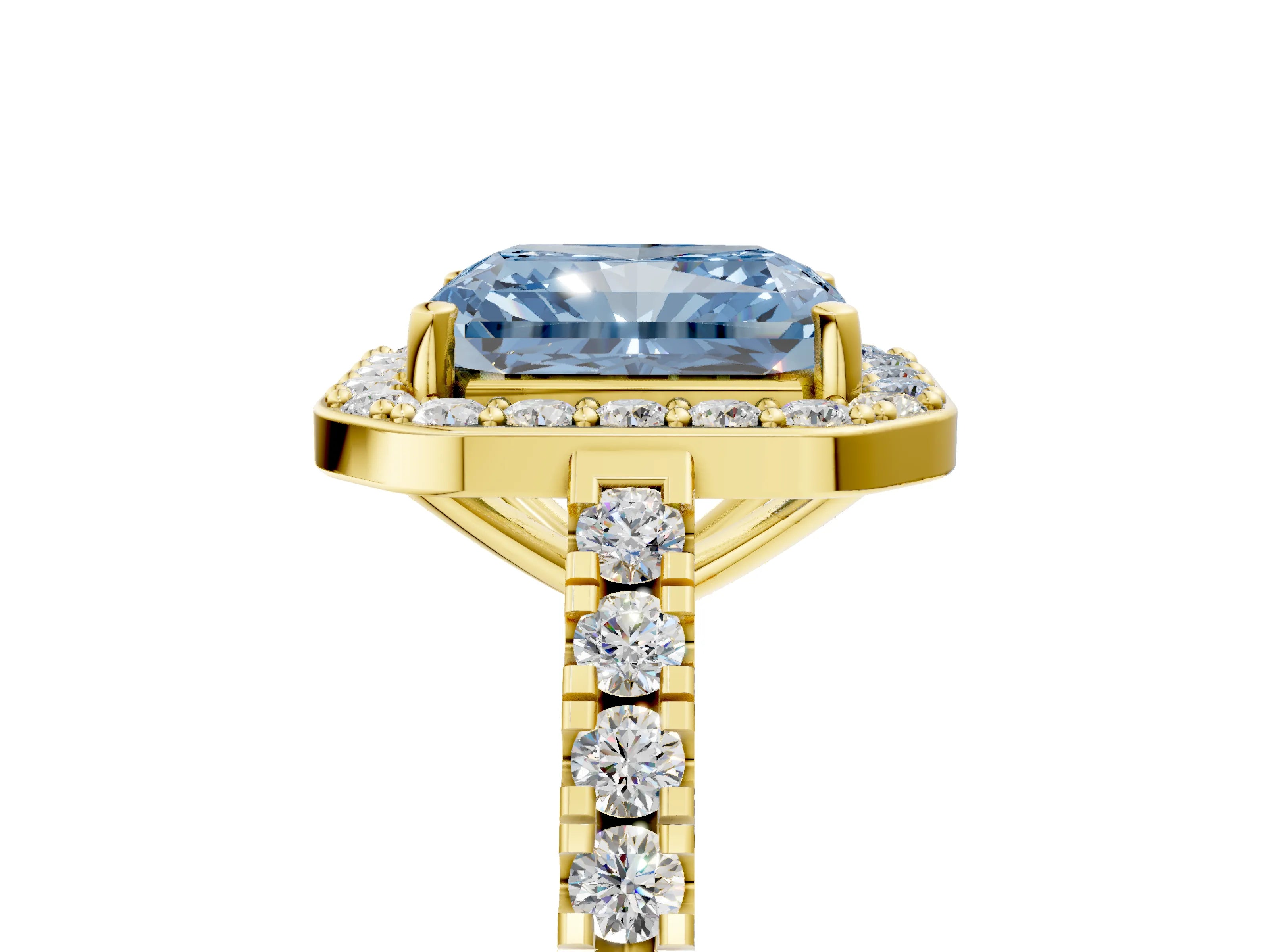 Yellow gold Fancy Blue Radiant Cut Halo Diamond Ring with Pavé Band and Three-Prong Setting_5