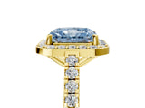 Yellow gold Fancy Blue Radiant Cut Halo Diamond Ring with Pavé Band and Three-Prong Setting_5