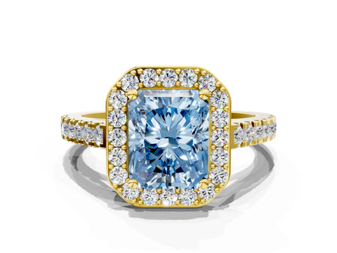 Yellow gold Fancy Blue Radiant Cut Halo Diamond Ring with Pavé Band and Three-Prong Setting