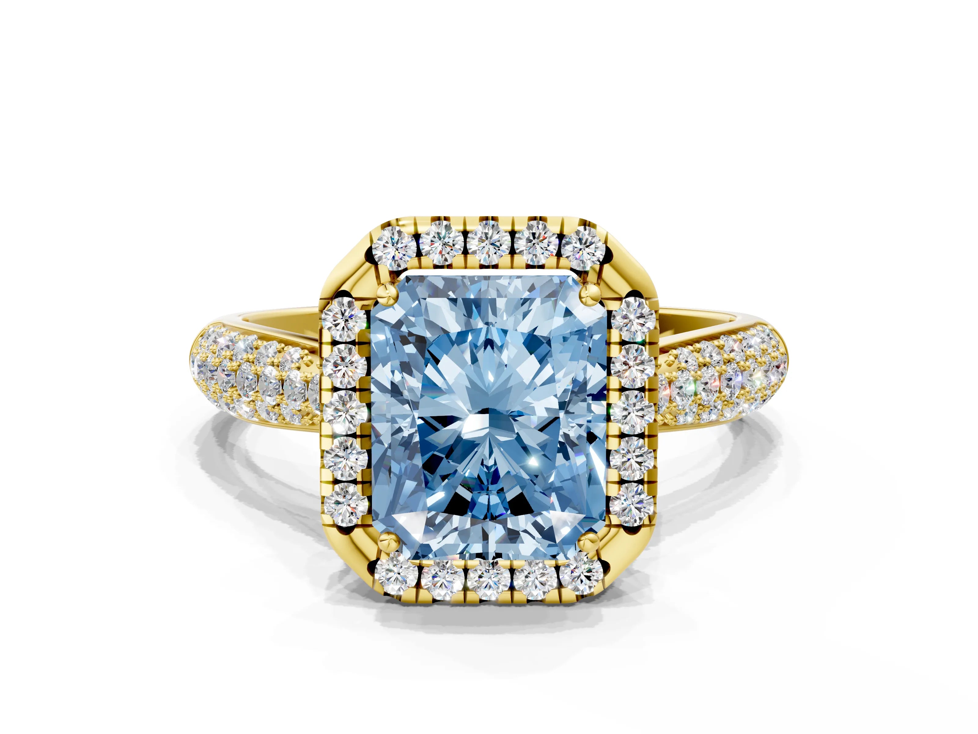 Yellow gold Fancy Blue Radiant Cut Halo Diamond Ring with Pavé Band