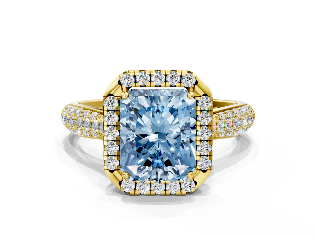 Yellow gold Fancy Blue Radiant Cut Halo Diamond Ring with Pavé Band