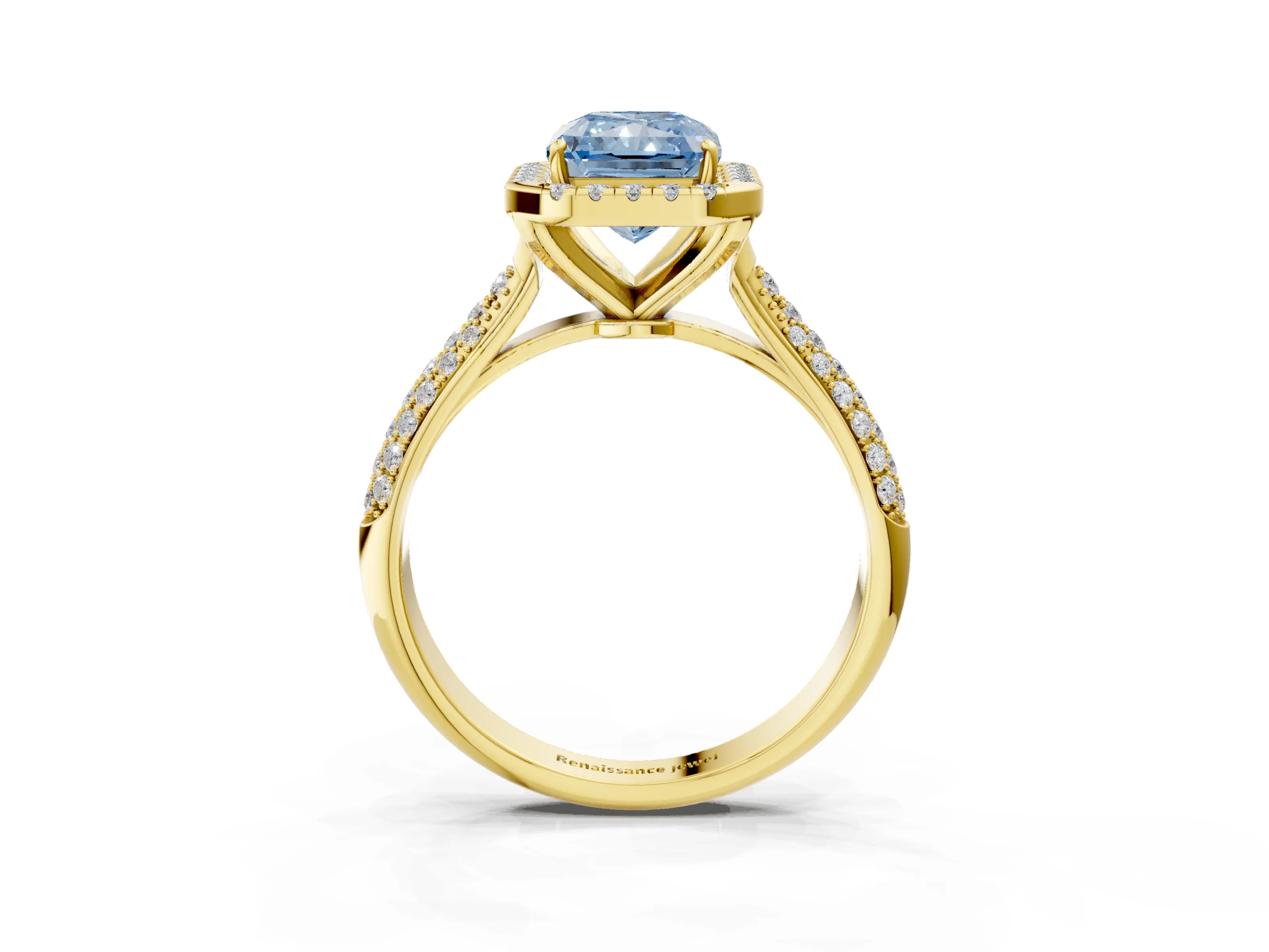 Yellow gold Fancy Blue Radiant Cut Halo Diamond Ring with Pavé Band_3