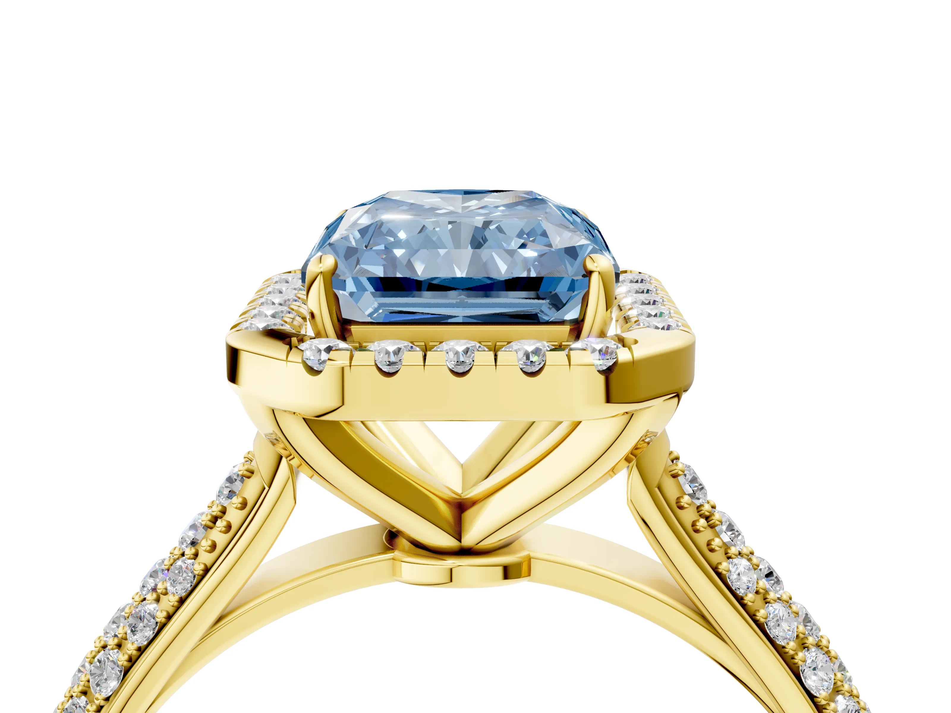 Yellow gold Fancy Blue Radiant Cut Halo Diamond Ring with Pavé Band_4