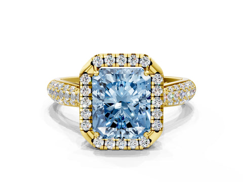 Yellow gold Fancy Blue Radiant Cut Halo Diamond Ring with Pavé Band