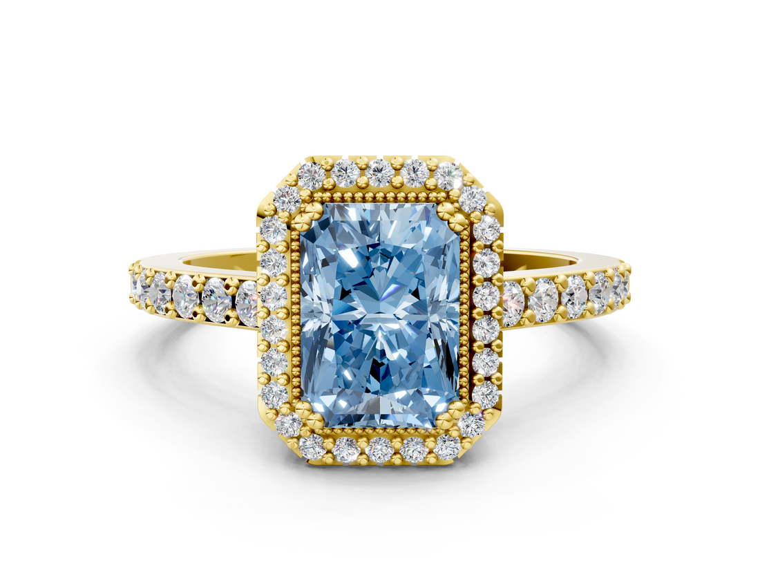 Yellow gold Fancy Blue Radiant  Cut Halo Diamond Ring with Pave Band and Four-Prong Setting_24