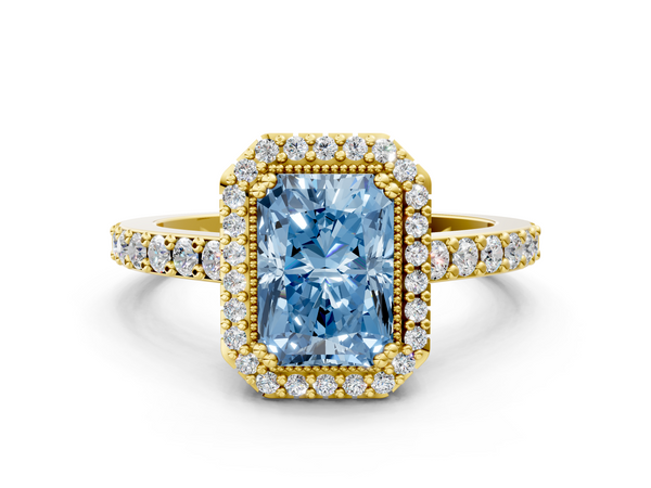 Yellow gold Fancy Blue Radiant  Cut Diamond Halo Engagement Ring with Milgrain Detail and Pavé Band