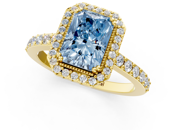 Yellow gold Fancy Blue Radiant  Cut Diamond Halo Engagement Ring with Milgrain Detail and Pavé Band