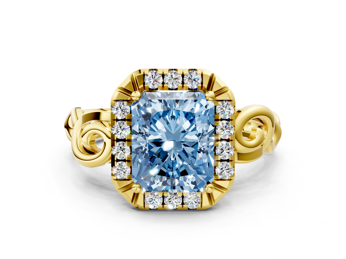 Yellow gold Fancy Blue Radiant  Cut Halo Diamond Ring with Scrollwork Band and Four-Prong Setting_56
