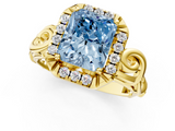 Yellow gold Fancy Blue Radiant  Cut Halo Diamond Ring with Scrollwork Band and Four-Prong Setting_57