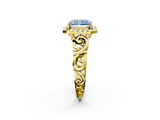 Yellow gold Fancy Blue Radiant  Cut Halo Diamond Ring with Scrollwork Band and Four-Prong Setting_58
