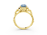 Yellow gold Fancy Blue Radiant  Cut Halo Diamond Ring with Scrollwork Band and Four-Prong Setting_59