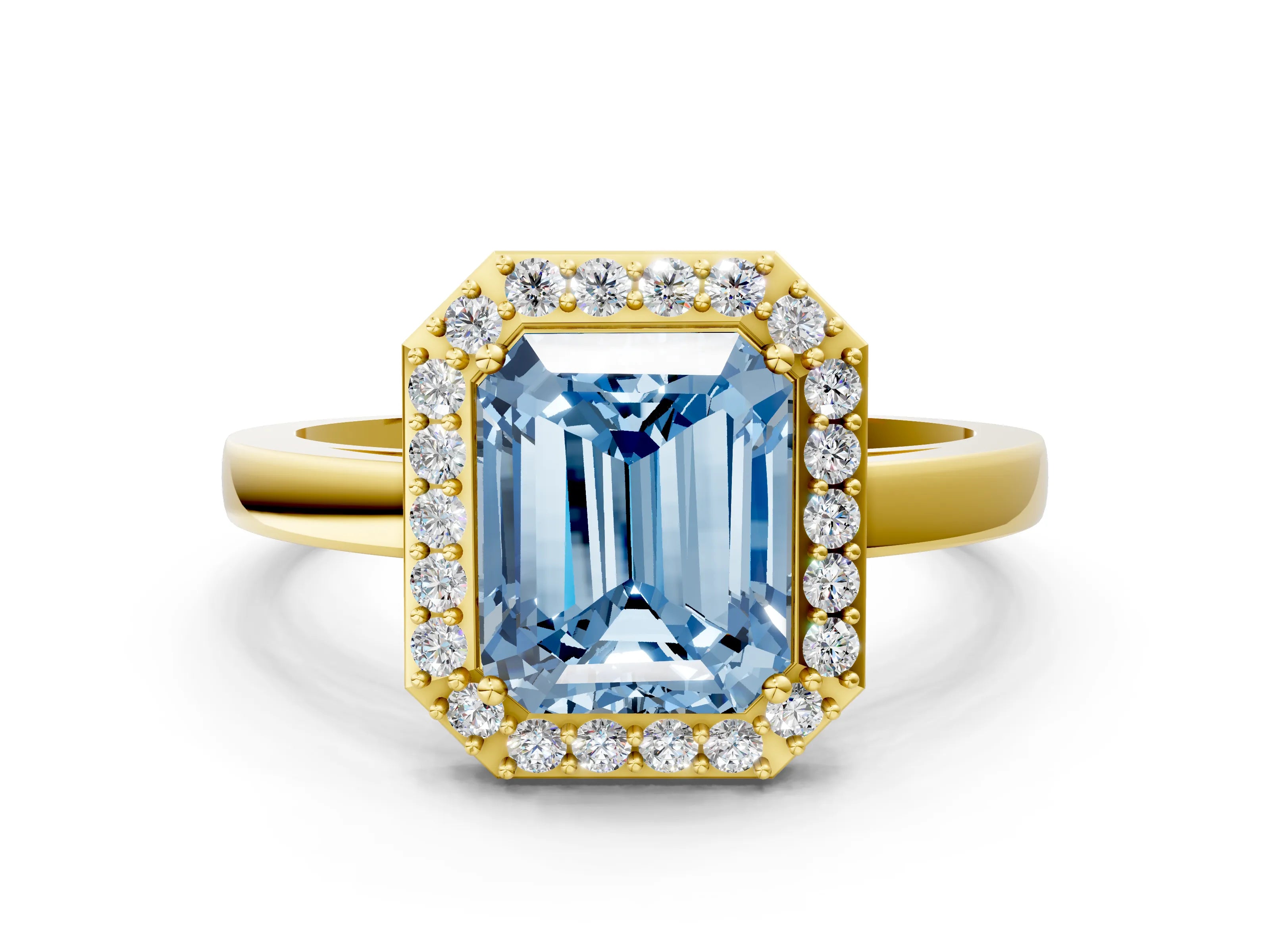 Yellow gold Fancy Blue Radiant Cut Halo Diamond Ring with Solitaire Band and Prong Setting