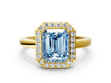 Yellow gold Fancy Blue Radiant Cut Halo Diamond Ring with Solitaire Band and Prong Setting