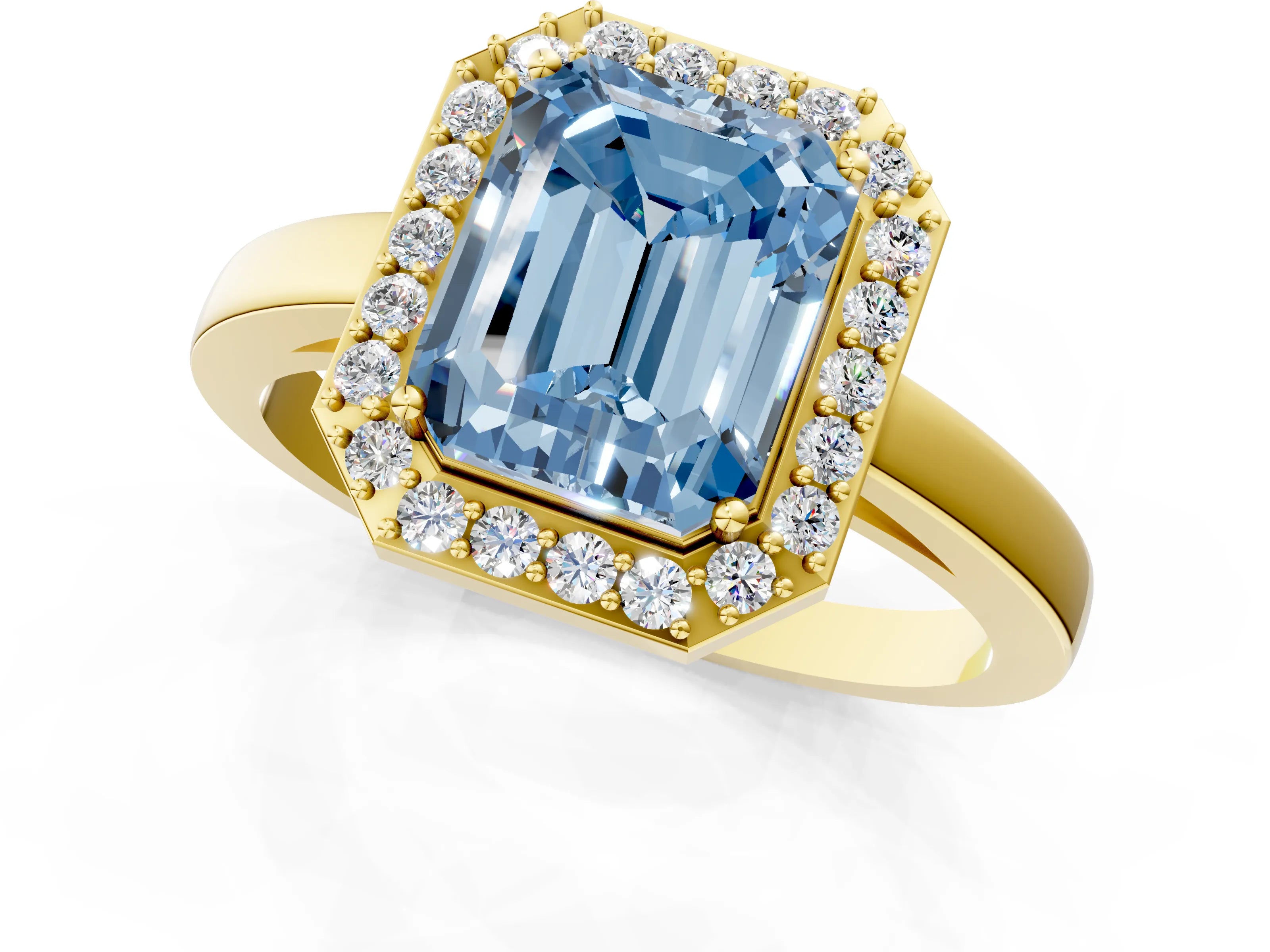 Yellow gold Fancy Blue Radiant Cut Halo Diamond Ring with Solitaire Band and Prong Setting_1