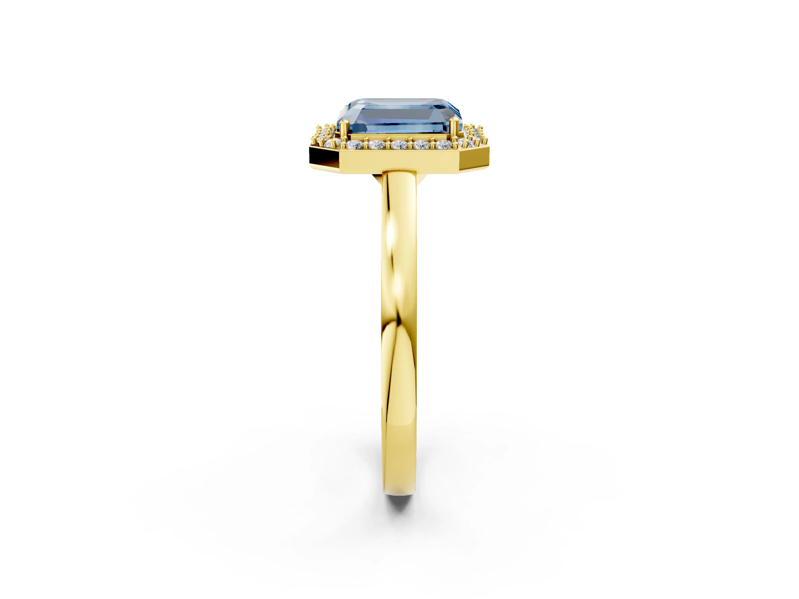 Yellow gold Fancy Blue Radiant Cut Halo Diamond Ring with Solitaire Band and Prong Setting_2
