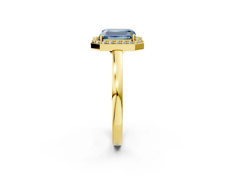 Yellow gold Fancy Blue Radiant Cut Halo Diamond Ring with Solitaire Band and Prong Setting_2