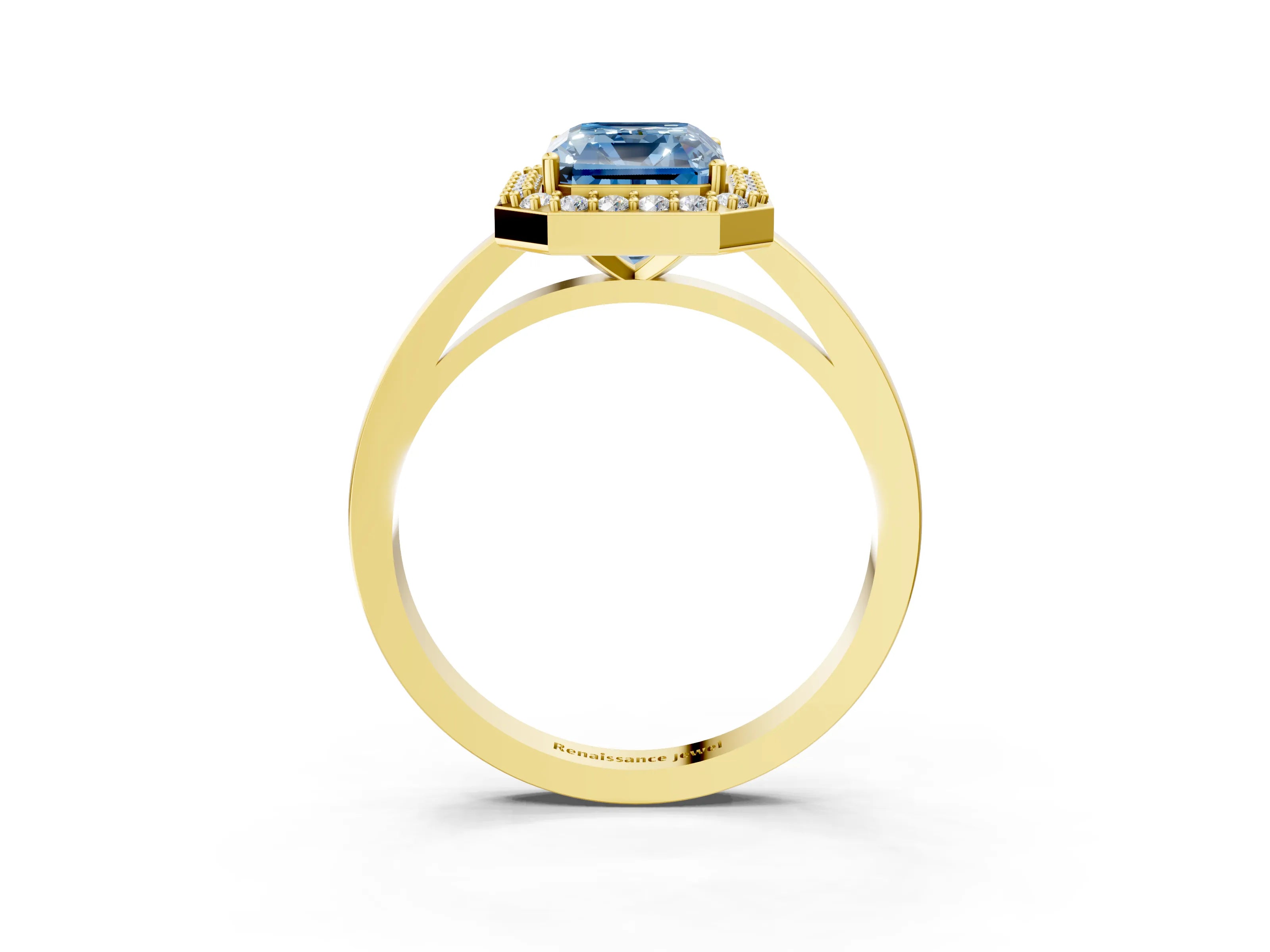 Yellow gold Fancy Blue Radiant Cut Halo Diamond Ring with Solitaire Band and Prong Setting_3