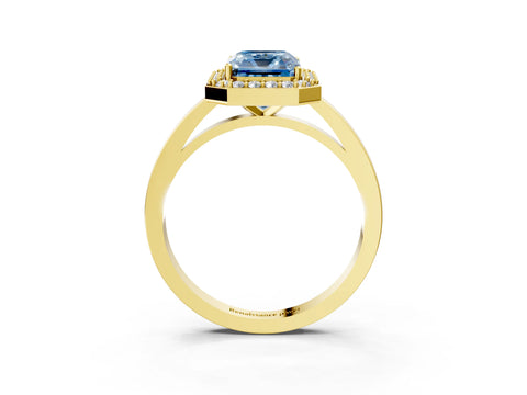 Yellow gold Fancy Blue Radiant Cut Halo Diamond Ring with Solitaire Band and Prong Setting_3