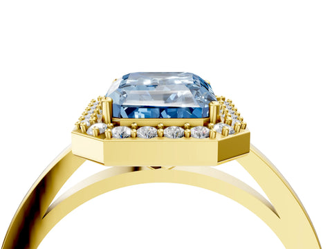Yellow gold Fancy Blue Radiant Cut Halo Diamond Ring with Solitaire Band and Prong Setting_4