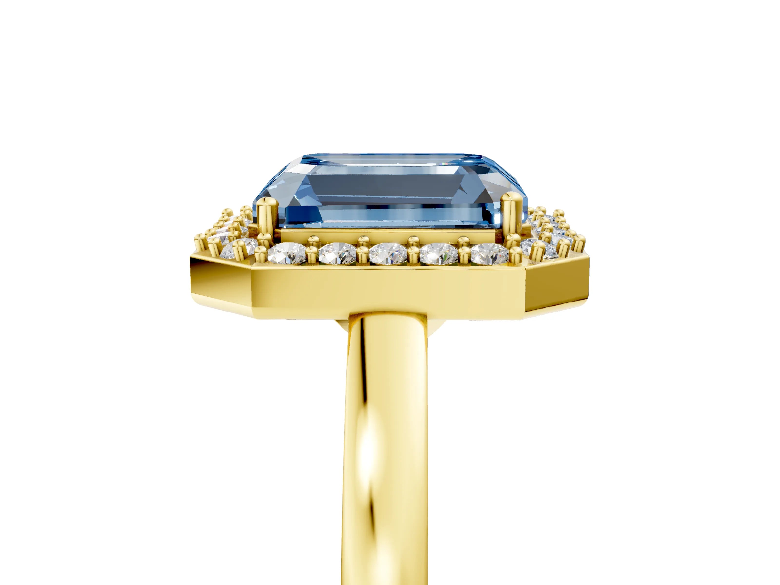 Yellow gold Fancy Blue Radiant Cut Halo Diamond Ring with Solitaire Band and Prong Setting_5