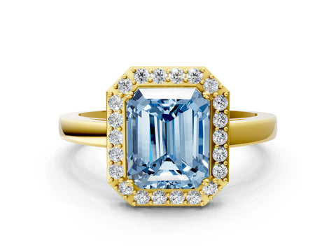 Yellow gold Fancy Blue Radiant Cut Halo Diamond Ring with Solitaire Band and Prong Setting