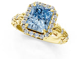 Yellow gold Fancy Blue Radiant Cut Halo Diamond Solitaire with Filigree Band and Four-Prong Setting_1