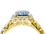 Yellow gold Fancy Blue Radiant Cut Halo Diamond Solitaire with Filigree Band and Four-Prong Setting_4