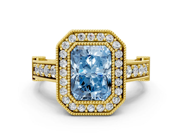 Yellow Gold Radiant Cut Vintage Bezel Halo Engagement Ring Setting for Fancy Blue Center
