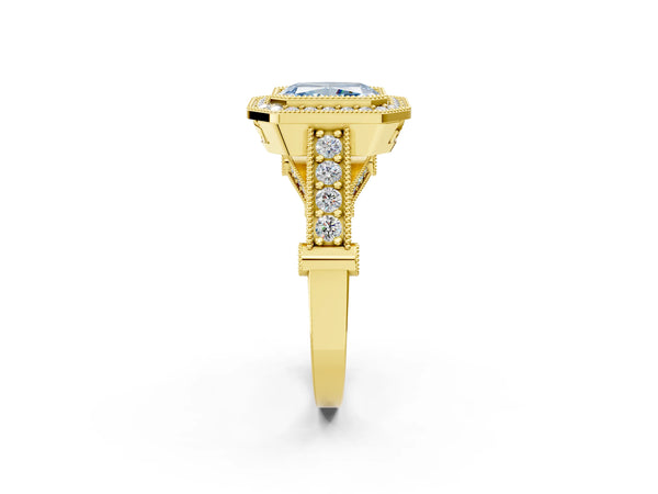 Yellow Gold Radiant Cut Vintage Bezel Halo Engagement Ring Setting for Fancy Blue Center