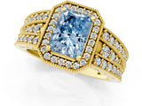 Yellow gold Fancy Blue Radiant Cut Halo Diamond Split Shank Ring with Prong Setting_1