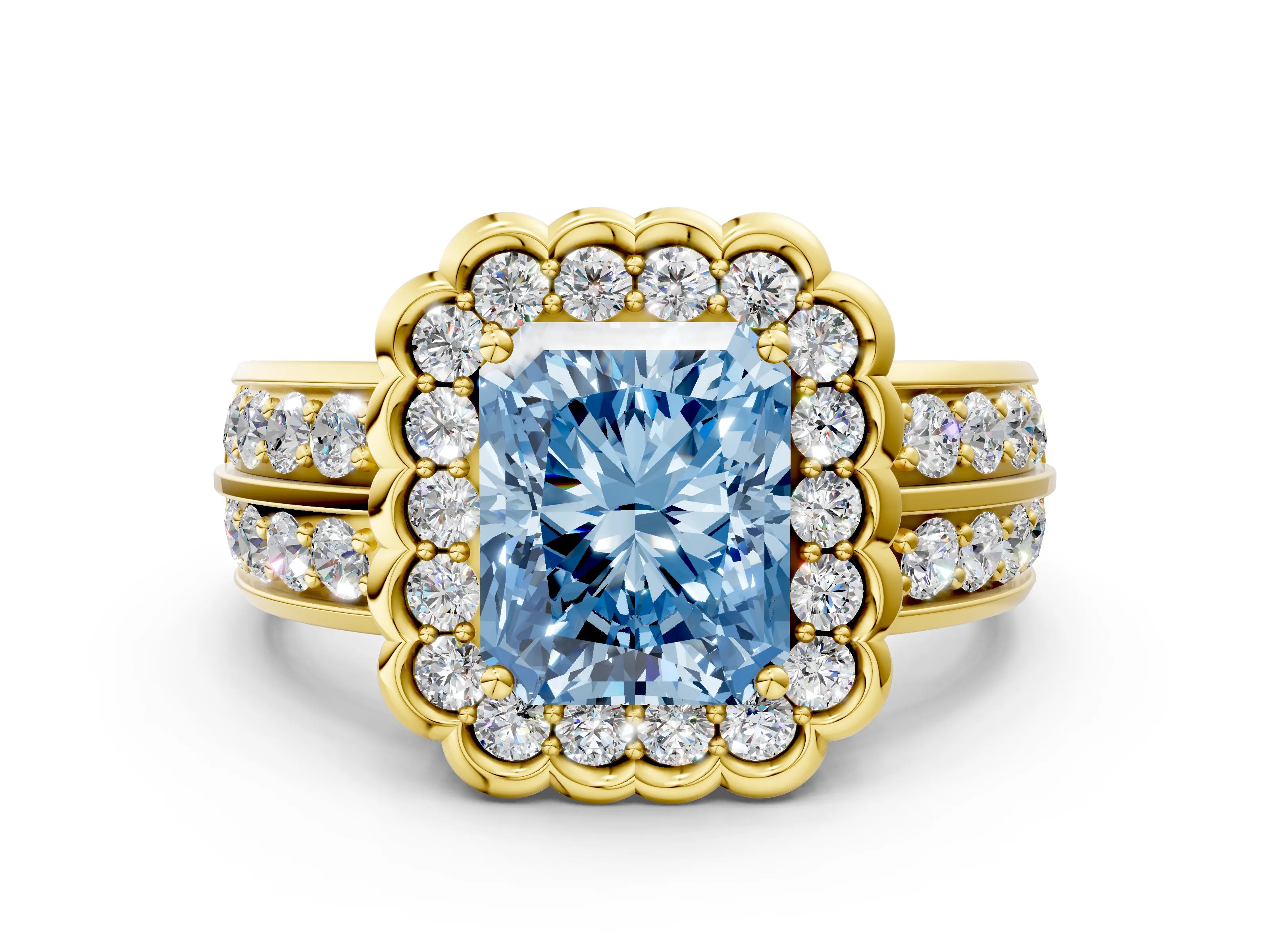 Yellow gold Fancy Blue Radiant Cut Halo Diamond Split Shank Ring with Scalloped Prong Setting