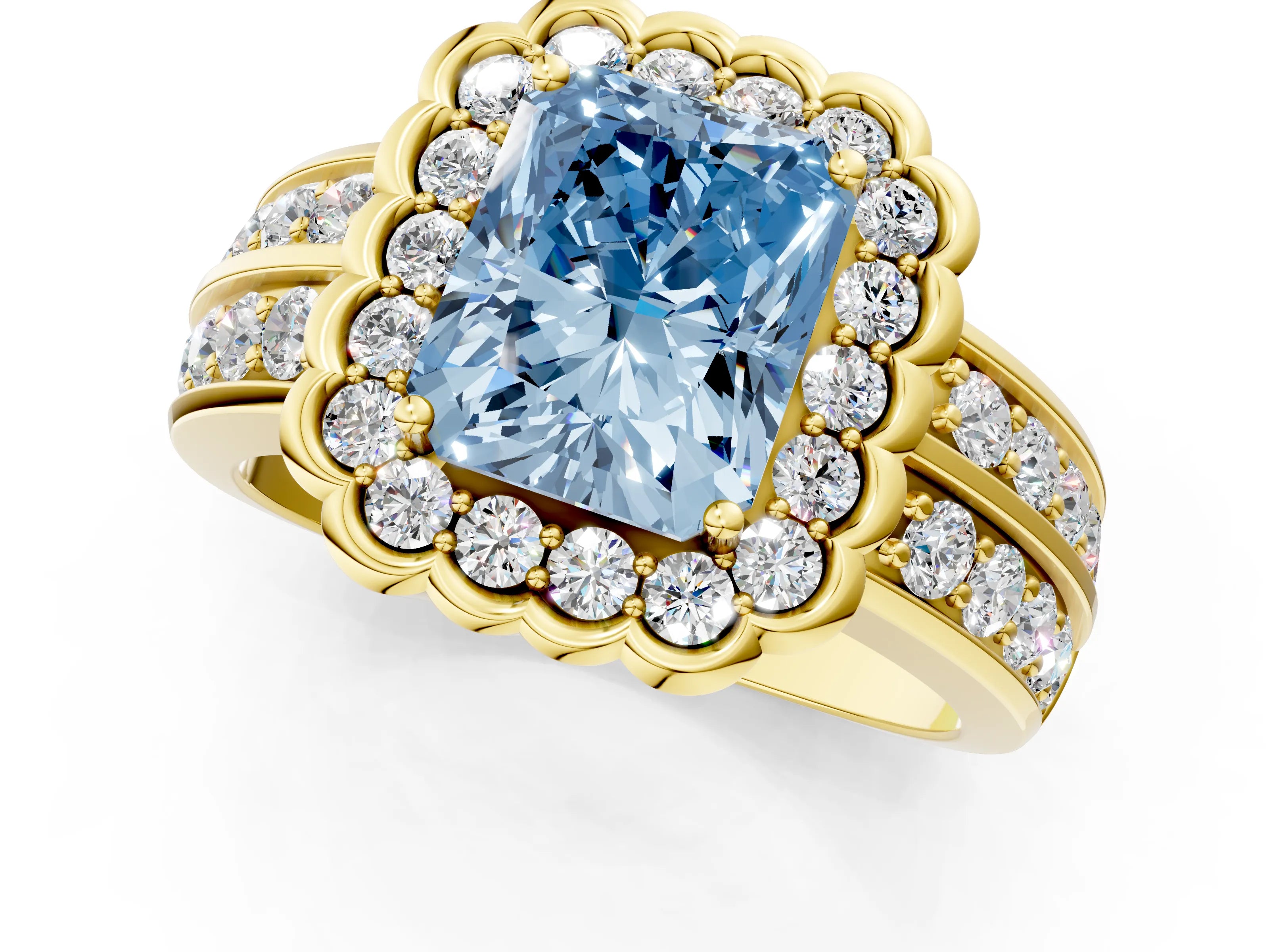 Yellow gold Fancy Blue Radiant Cut Halo Diamond Split Shank Ring with Scalloped Prong Setting_1