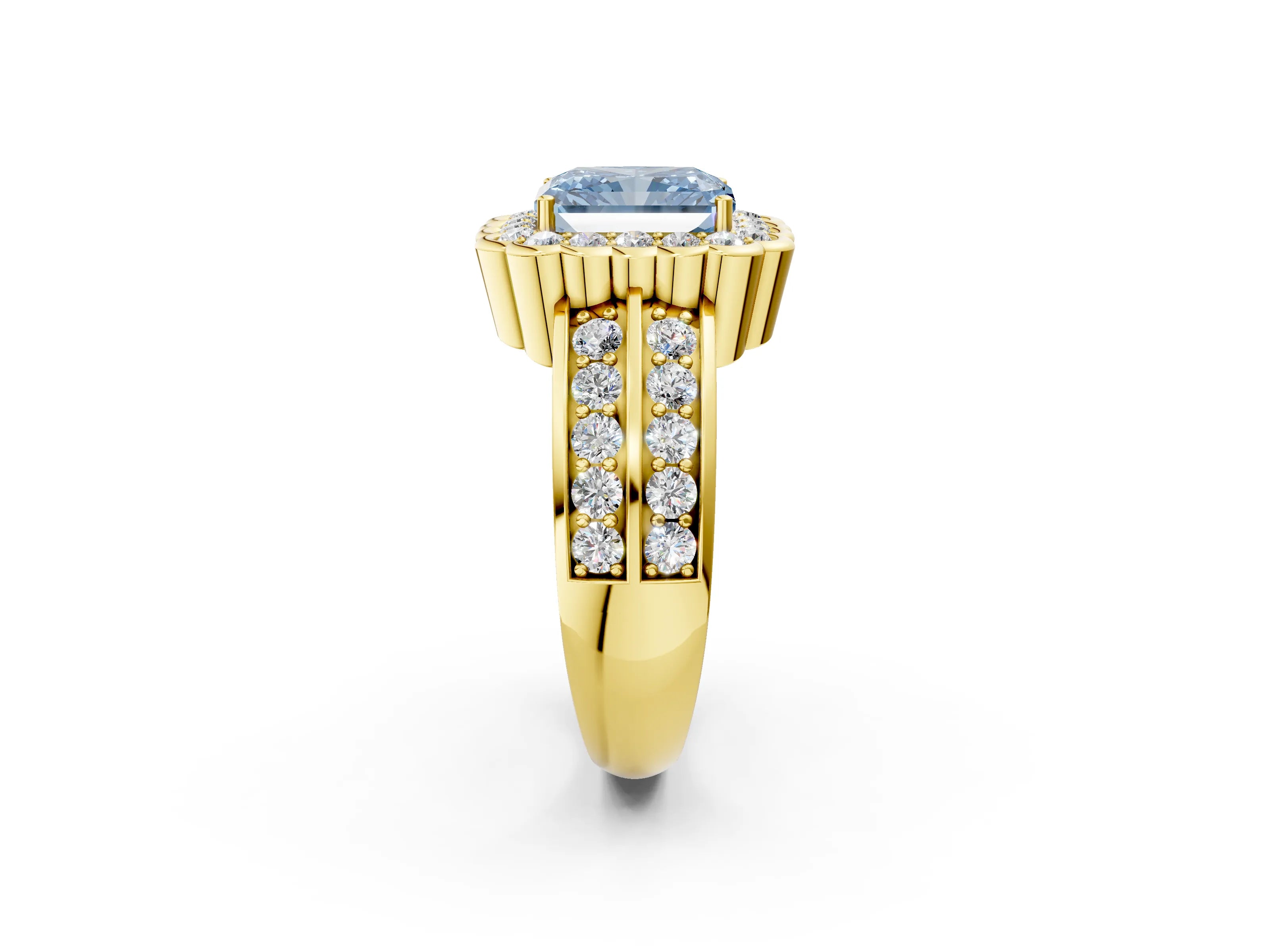 Yellow gold Fancy Blue Radiant Cut Halo Diamond Split Shank Ring with Scalloped Prong Setting_2