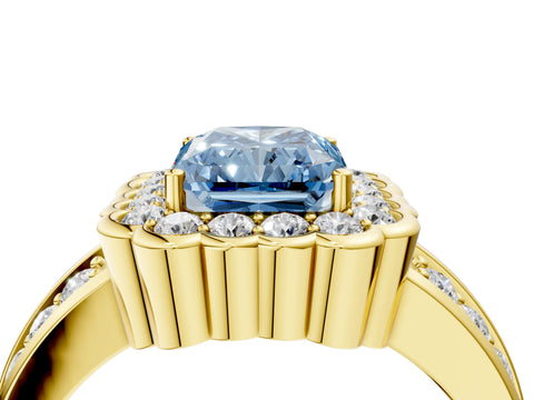 Yellow gold Fancy Blue Radiant Cut Halo Diamond Split Shank Ring with Scalloped Prong Setting_4